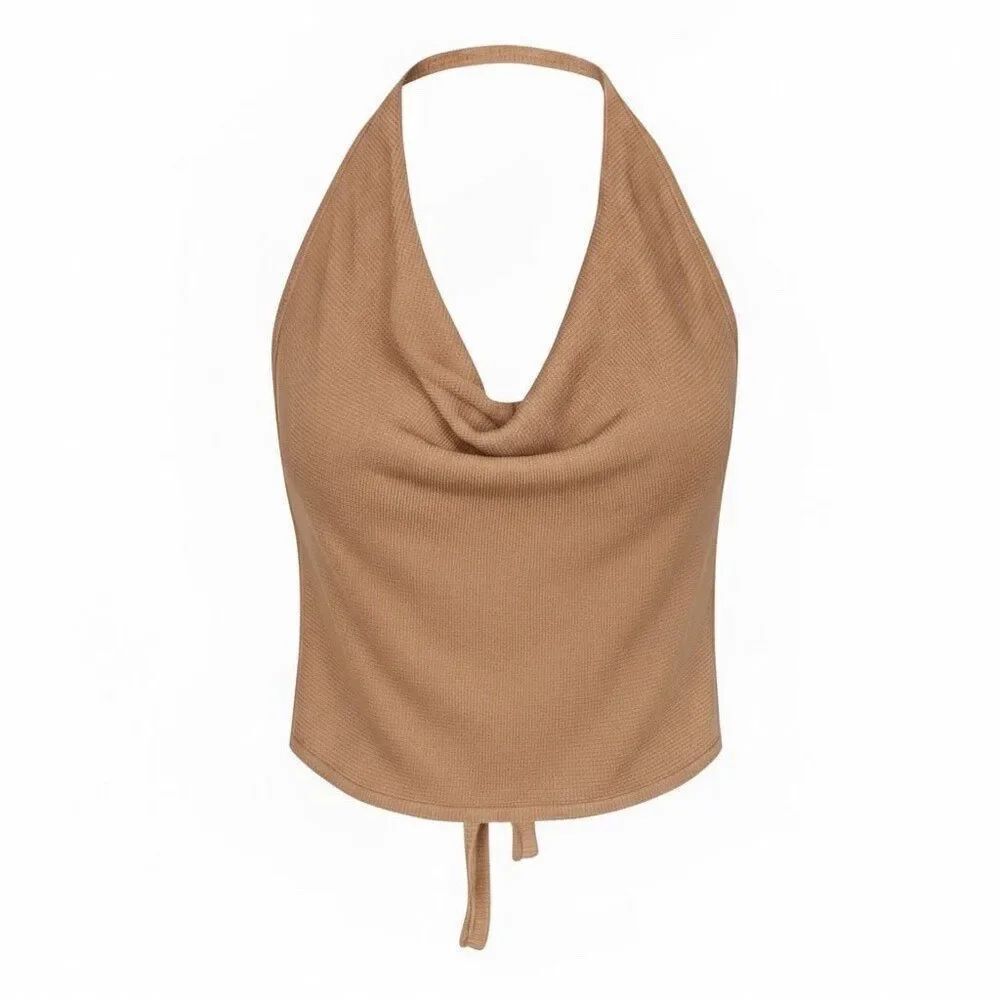 New Aya Muse Cinnabar Knit Tied Draped Halter Crop Top M Light Brown
